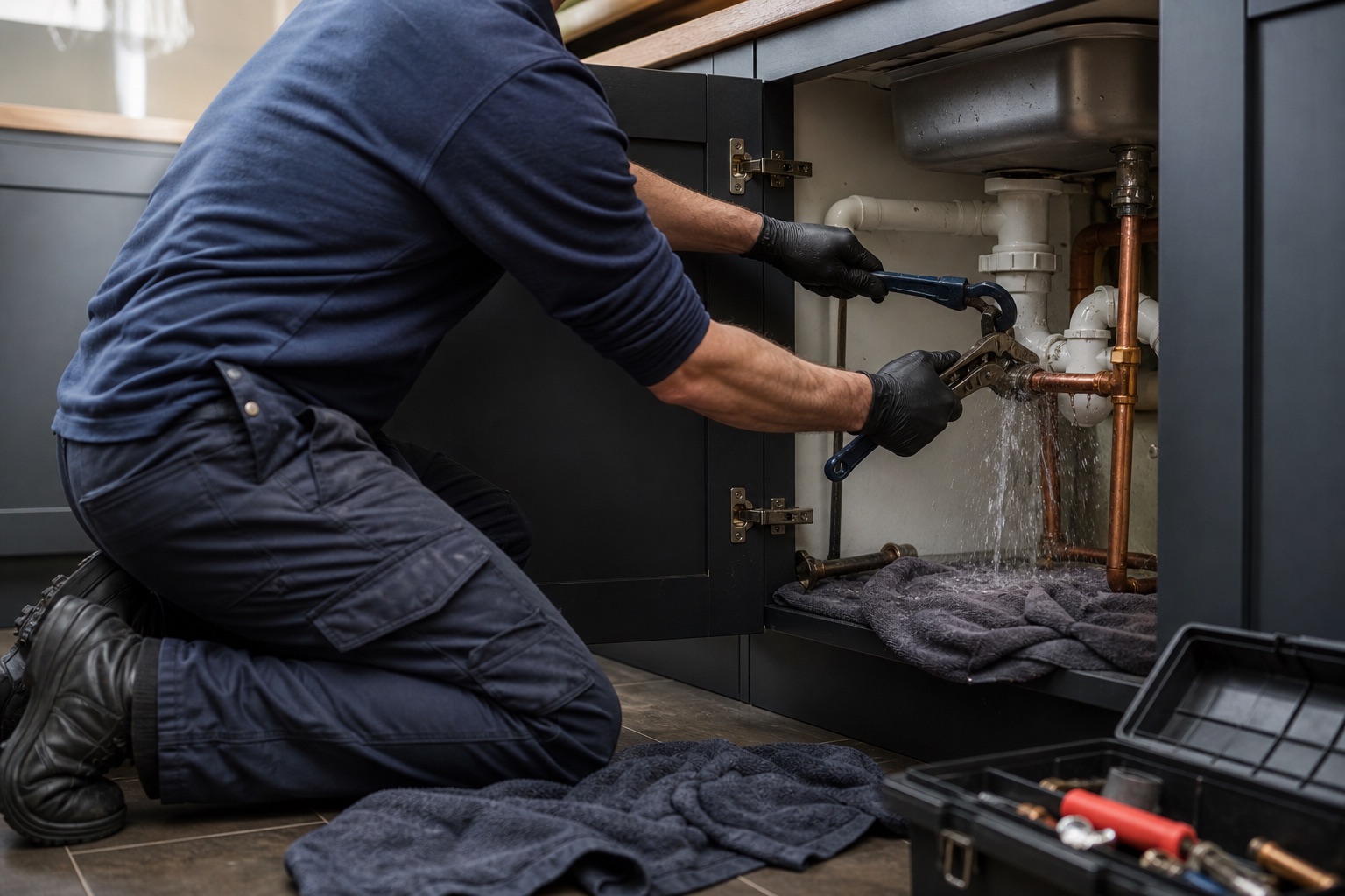 Emergency plumber repairing a burst pipe